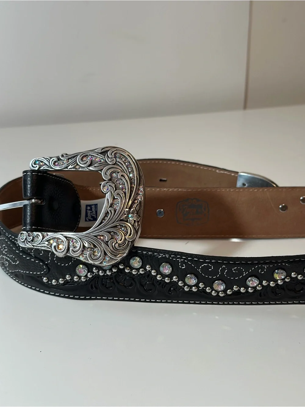 Tony Lama Black Leather Western Belt Crystal Silver Buckle Size 32 1.5